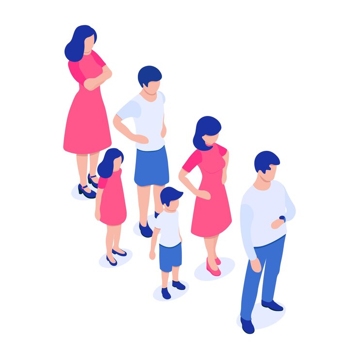 File d'attente de personnes de sexe et d'âge différents Adultes enfants et adolescents hommes et femmes