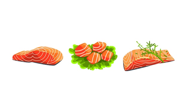 Filet de saumon frais et plaques de laitue verte Lesf en tant qu'ensemble de vecteurs de produits de la mer