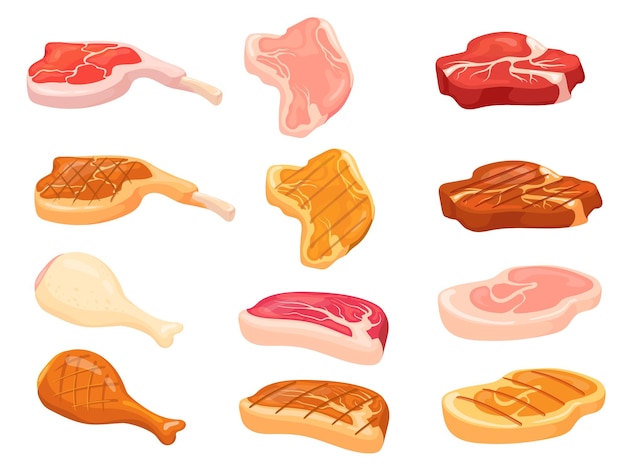Filet de viande de dessin animé Tranches de filet de boeuf steak ribeye ou porc grillé coupé gras côtelette crue pour rôti grill nourriture cuisson repas isolé pièce non cuite vache illustration vectorielle soignée