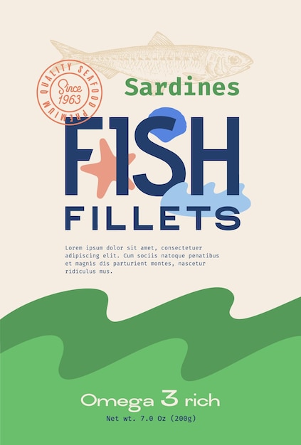 Filets De Poisson Conception D'emballages Vectoriels Abstraits Ou étiquette Typographie Moderne Silhouet De Sardines Dessinés à La Main...