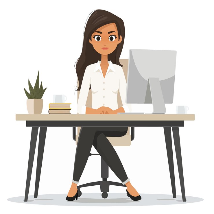 Vecteur fille d'affaires assise sur le bureau de l'ordinateur illustration vectorielle