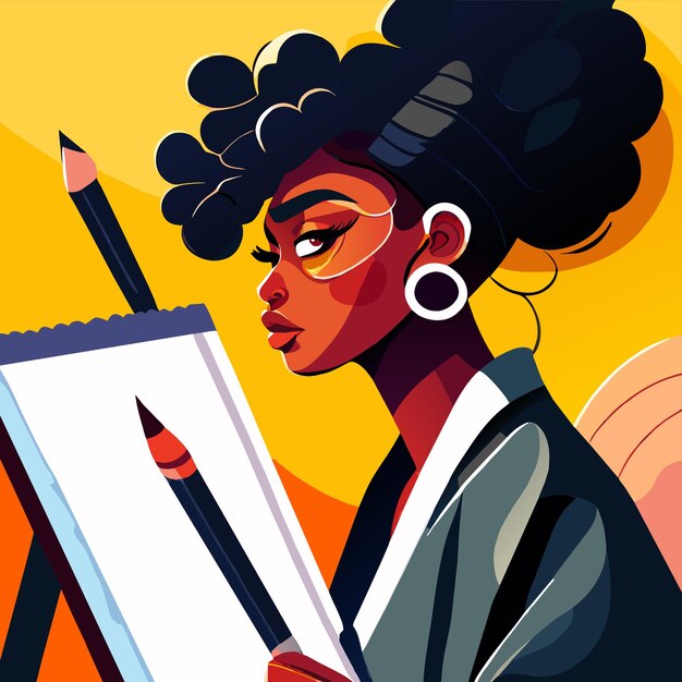 Vecteur fille afro-américaine étudiant dessiné à la main plat stylé autocollant de dessin animé concept d'icône isolé