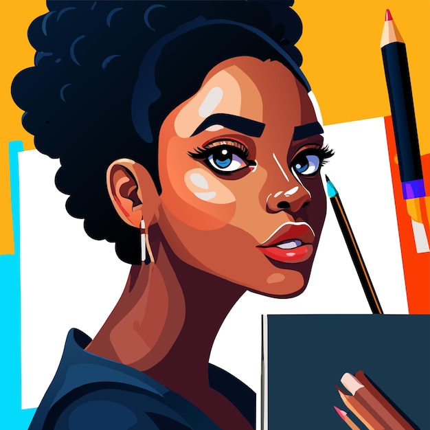 Vecteur fille afro-américaine étudiant dessiné à la main plat stylé autocollant de dessin animé concept d'icône isolé