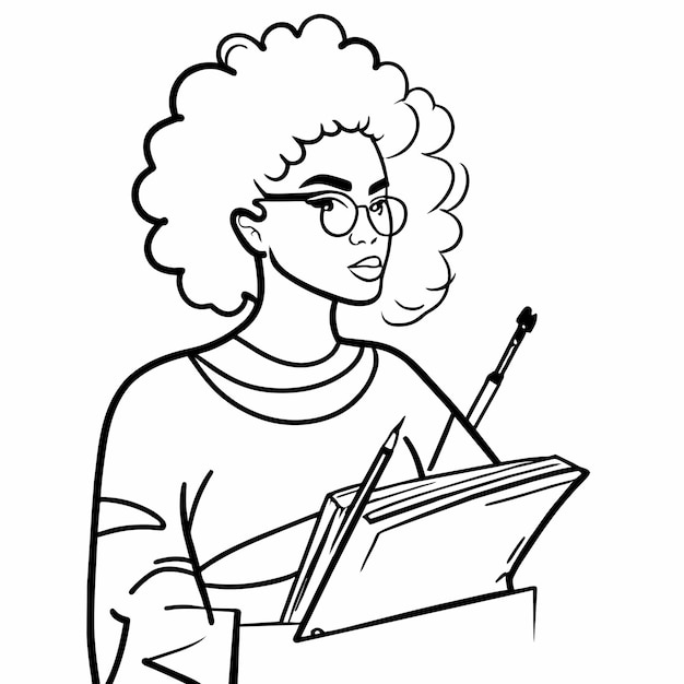 Vecteur fille afro-américaine étudiant dessiné à la main plat stylé autocollant de dessin animé concept d'icône isolé