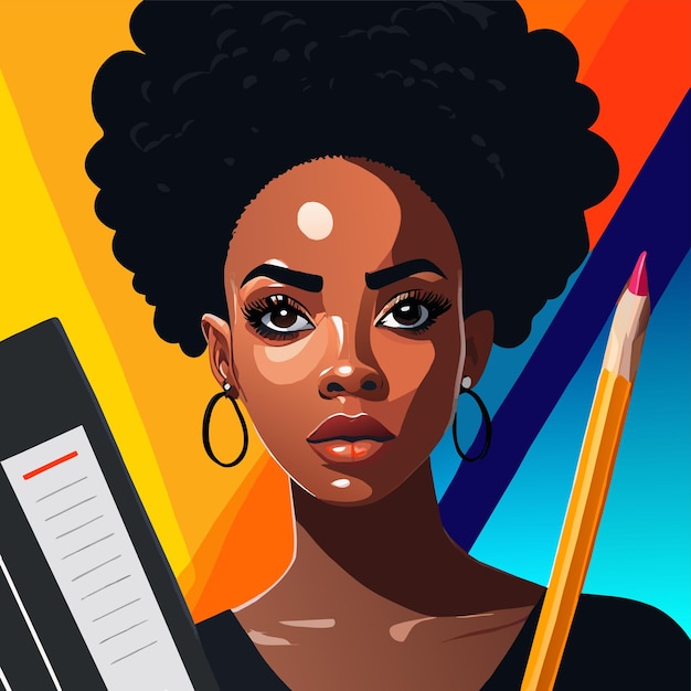 Vecteur fille afro-américaine étudiant dessiné à la main plat stylé autocollant de dessin animé concept d'icône isolé