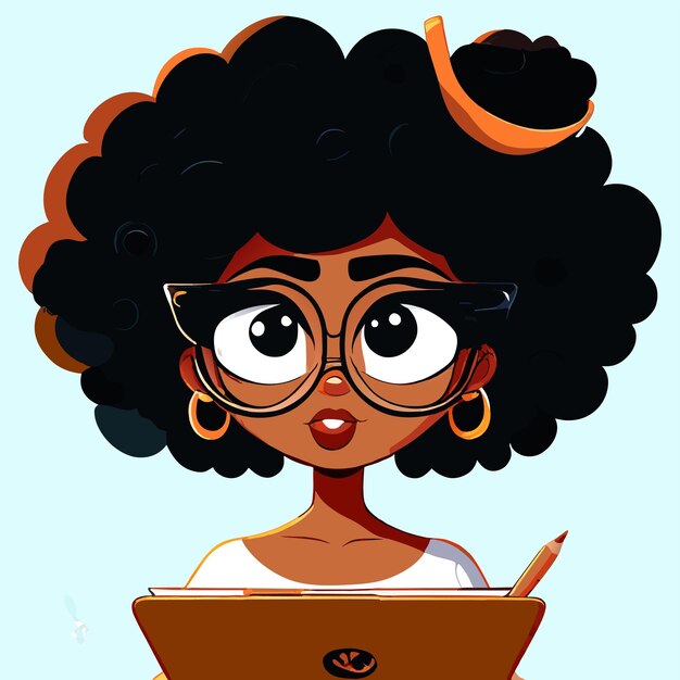 Vecteur fille afro-américaine étudiant dessiné à la main plat stylé autocollant de dessin animé concept d'icône isolé