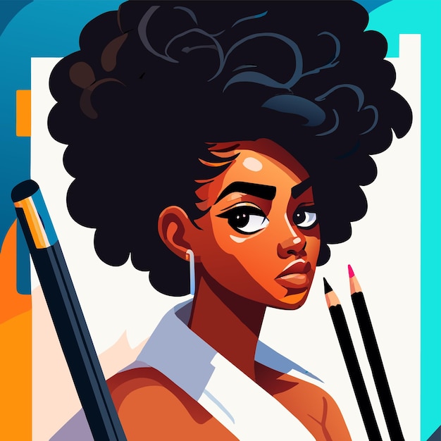 Vecteur fille afro-américaine étudiant dessiné à la main plat stylé autocollant de dessin animé concept d'icône isolé