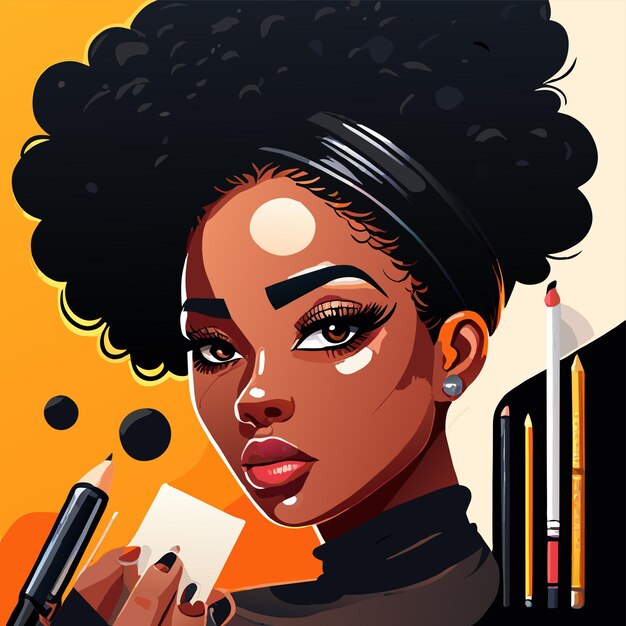 Vecteur fille afro-américaine étudiant dessiné à la main plat stylé autocollant de dessin animé concept d'icône isolé