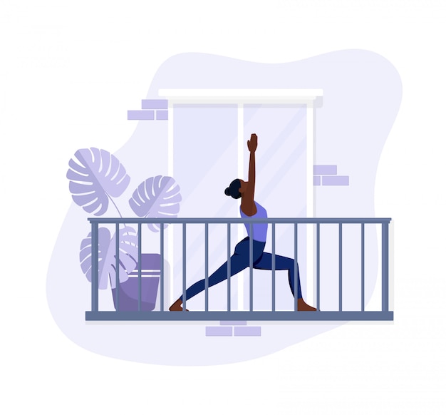 Fille Afro-américaine Fait Des Exercices Sur Le Balcon, Fait Du Yoga Et Se Détend. Style Plat Aux Couleurs Violettes.