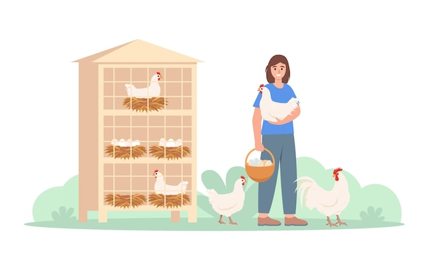 Fille d'agriculture s'occupant d'oiseaux de volaille domestiques Personnage d'agriculteur féminin avec des poules et des œufs