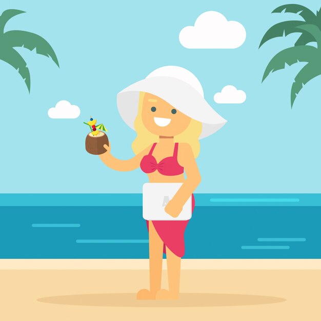 Fille aller voyager Fille travaillant et vacances à la plage