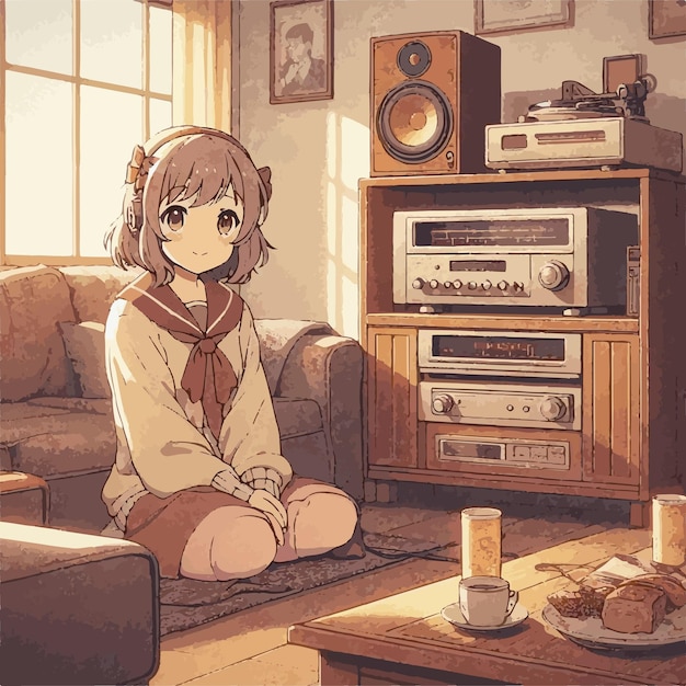 Une fille d'anime confortable avec une illustration vectorielle du système de musique vintage