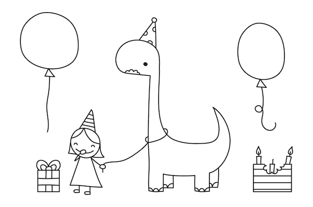 Fille D'anniversaire Avec Illustration Vectorielle Dinosaure Et Gâteau