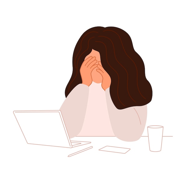 Fille anxieuse triste avec un ordinateur portable lisant un message de mauvaises nouvelles sur Internet Émotion négative Illustration vectorielle plate isolée sur fond blanc