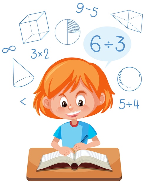 Vecteur fille apprenant les maths avec le symbole et l'icône de maths