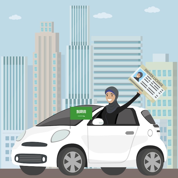 Vecteur une fille arabe heureuse ou une femme saoudienne conduisant une voiture illustration vectorielle