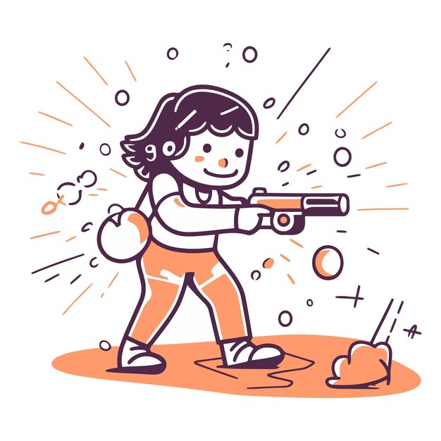 Vecteur fille avec une arme dans le style doodle