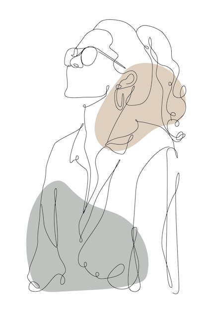 Vecteur fille d'art en ligne avec queue de cheval et lunettes. silhouette de femme dessinée en une ligne continue et couleurs