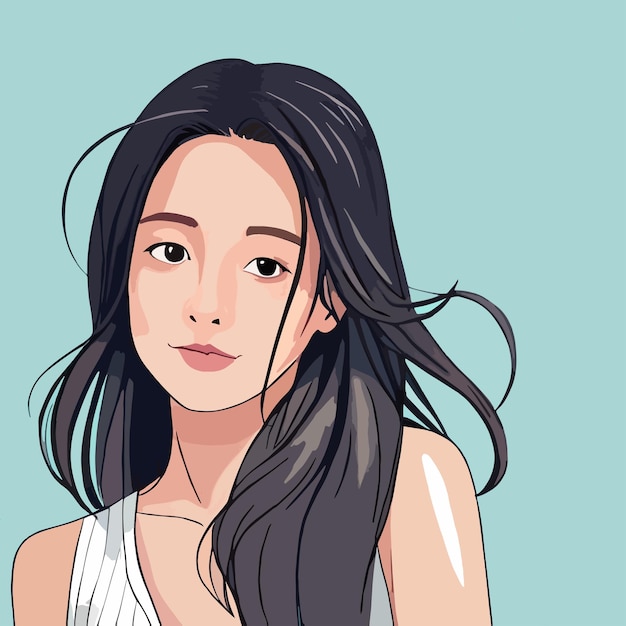 Fille asiatique aux cheveux longs Illustration dessinée à la main