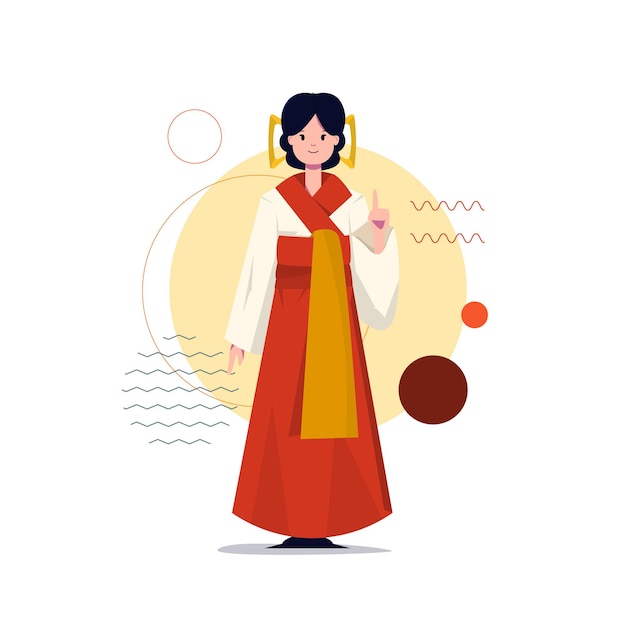 Vecteur fille-asiatique-en-robe-chinoise-égale-à-un-kimono-pointant-un-doigt