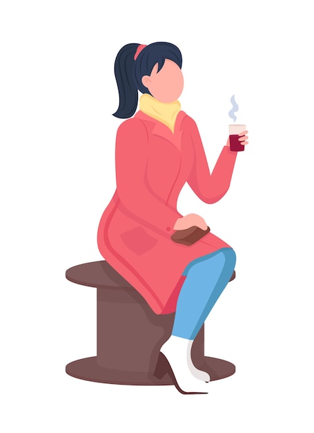 Fille Assise Avec Un Personnage De Vecteur De Couleur Semi-plat De Boisson Chaude. Figure élégante. Personne De Tout Le Corps Sur Blanc. Illustration De Style De Dessin Animé Moderne Isolé De Style De Vie Pour La Conception Graphique Et L'animation