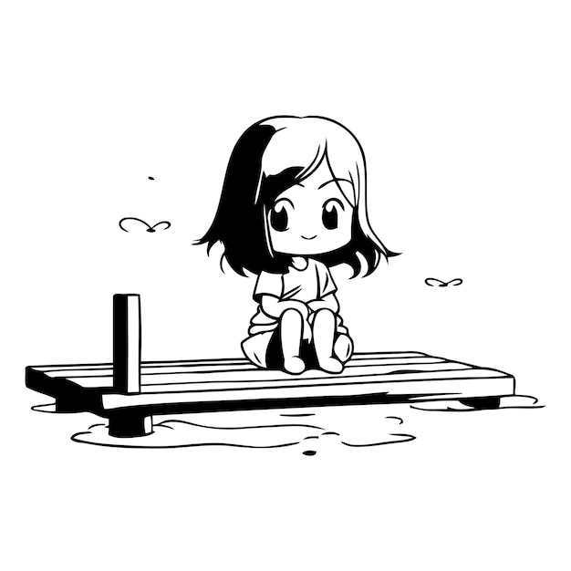 Vecteur une fille assise sur un ponton dans la mer