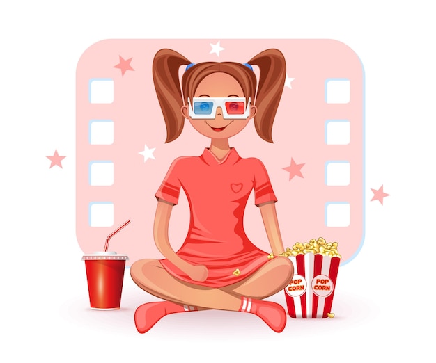 Fille Assise En Tailleur Sur Le Sol, Boit Du Cola, Mange Du Pop-corn Et Regarde Un Film Dans Des Lunettes 3d. Une Jeune Femme Mignonne Dans Des Lunettes 3d Regarde Son Film Préféré. Notion De Cinéma. Illustration Vectorielle