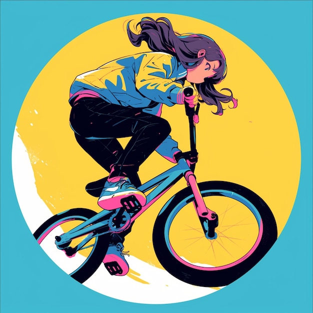 Vecteur une fille d'aurora monte un monocycle hors route dans le style des dessins animés