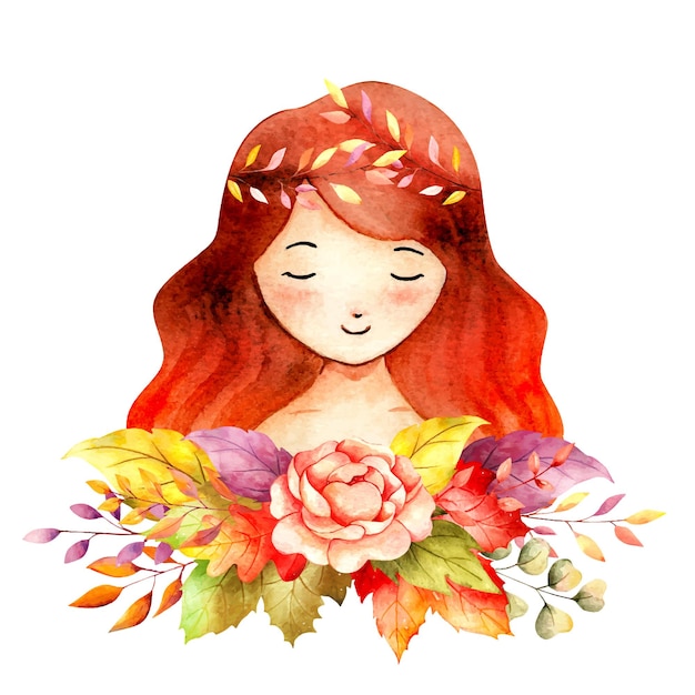 fille d'automne aquarelle avec couronne de fleurs