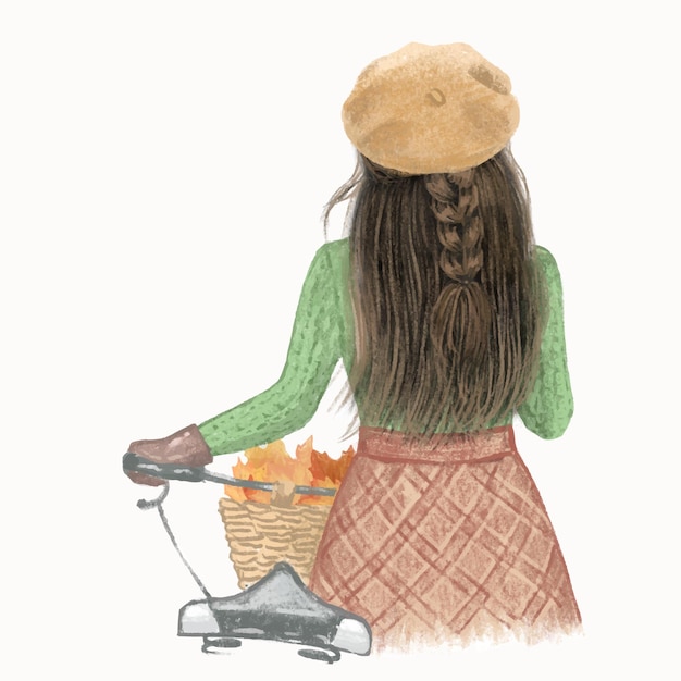 Fille aux cheveux bruns avec un vélo dans une illustration dessinée à la main d'automne