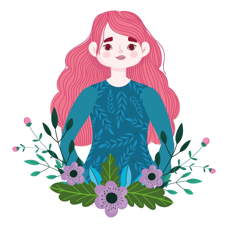 Vecteur fille aux cheveux longs roses fleurs feuillage décoration illustration de dessin animé