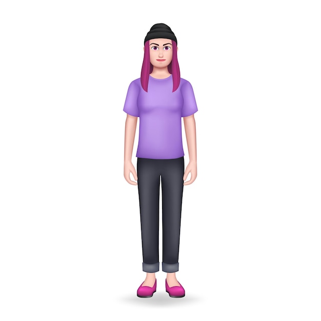 Fille aux cheveux roses en chapeau noir debout personnage 3D