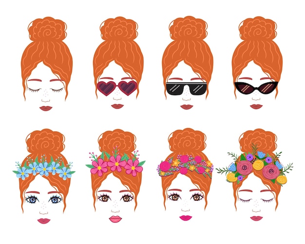 fille aux cheveux roux avec des couronnes de fleurs différentes et des lunettes de soleil Illustration dessinée à la main