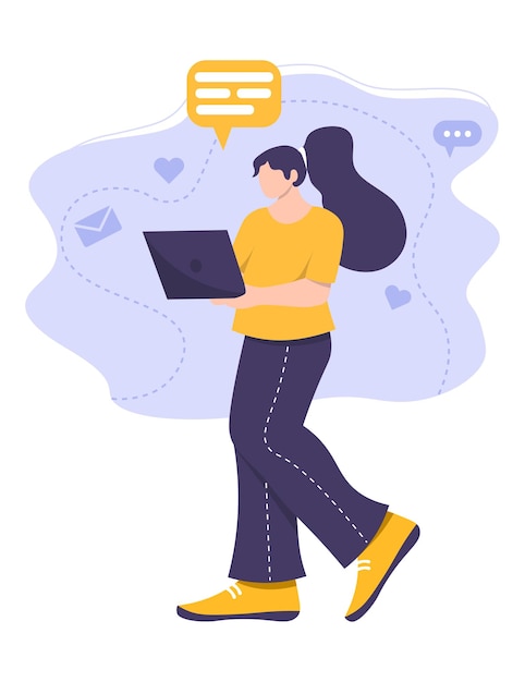 fille aux cheveux violets travaille avec illustration vectorielle d'ordinateur portable dans un style plat