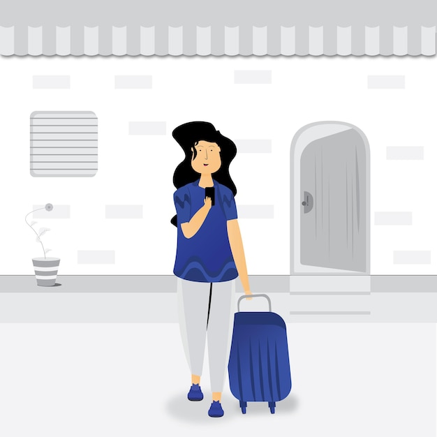 Vecteur fille avec bagages prêt à voyager