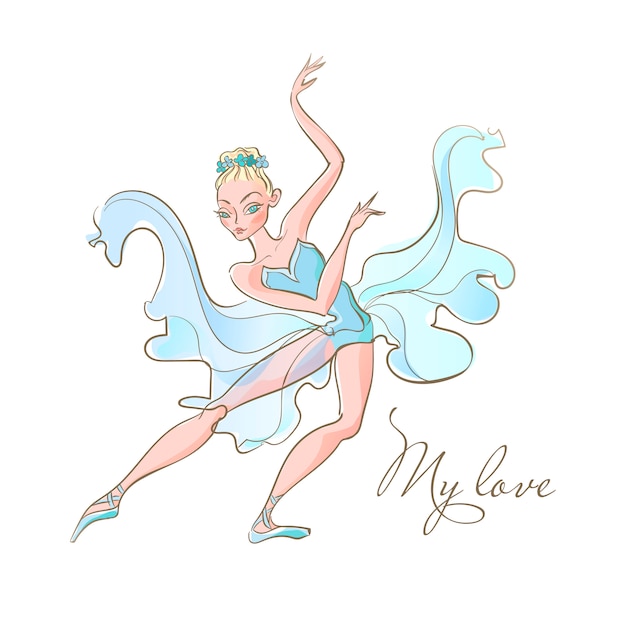 Fille Ballerine. Ballet. Une Danseuse En Robe Bleue. Mon Amour. Une Inscription.