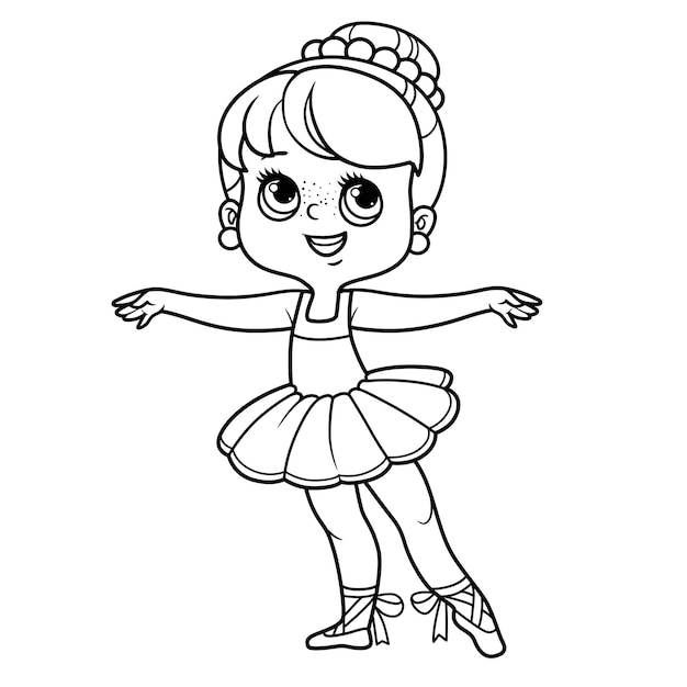 Vecteur fille de ballerine de dessin animé en tutu luxuriant décrit pour la coloration isolé sur fond blanc