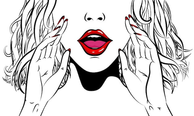 Fille de bande dessinée dans le style de coloration Visage féminin pop art avec la bouche ouverte Jeune femme avec bulle de dialogue Illustration vectorielle dans un style rétro pop art Affiche d'invitation à la fête