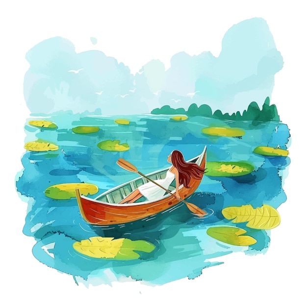 Fille en bateau sur le lac peinture à l'aquarelle