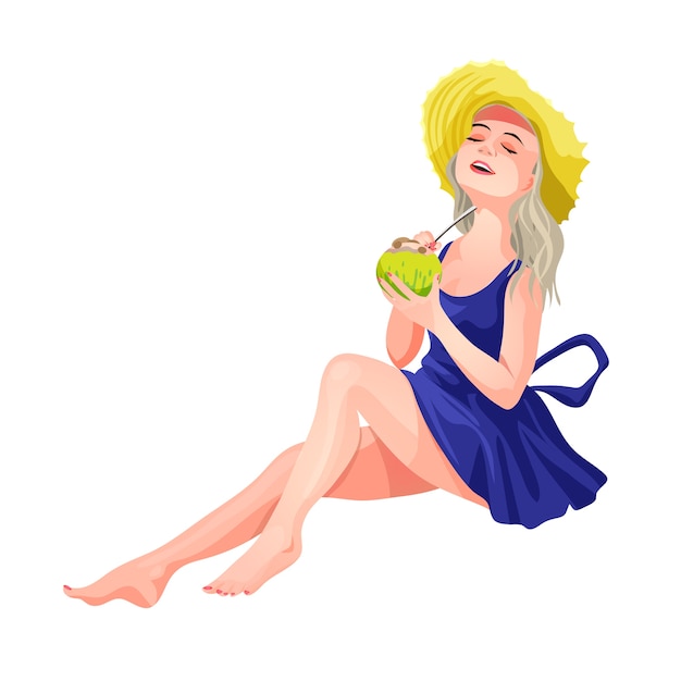 Fille Blonde Assise Dans Un Chapeau Et Une Robe Bleue Avec Un Mojito Dans Ses Mains. Fille Boit Un Verre De Noix De Coco à Travers Une Paille. Illustration Isolée En Style Cartoon.