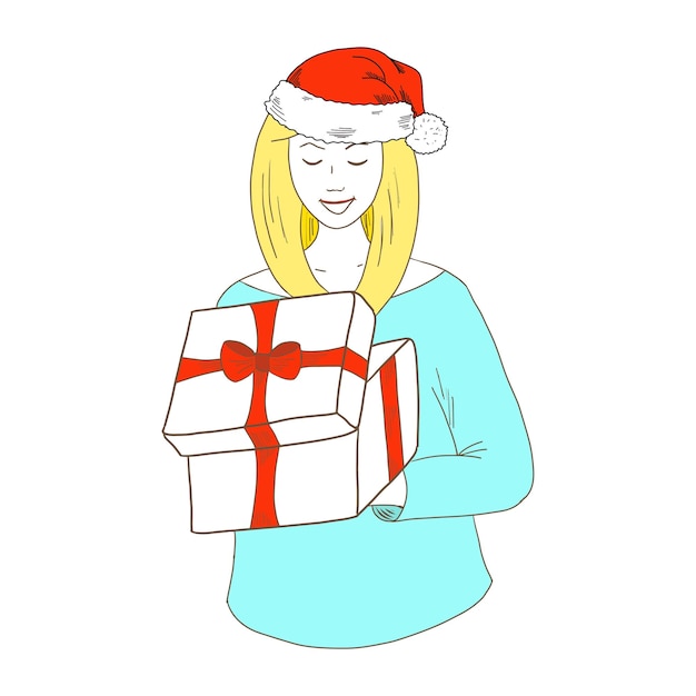 Fille blonde dans un chapeau de Noël fille heureuse avec un croquis de vecteur dessiné main boîte cadeau