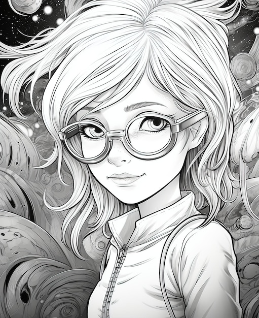 Vecteur fille blonde avec des lunettes dans l'espace meilleur dessin à la main livre coloré eps