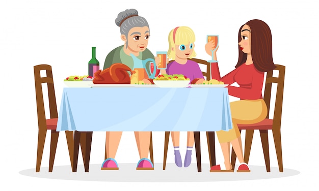 Fille Blonde, Sa Mère Ou Sa Sœur Aînée Et Sa Grand-mère Assise à Table, Bavardant, Mangeant, Célébrant Les Vacances. Valeurs Familiales, Rassemblement Des Femmes. Illustration De Dessin Animé Sur Blanc.