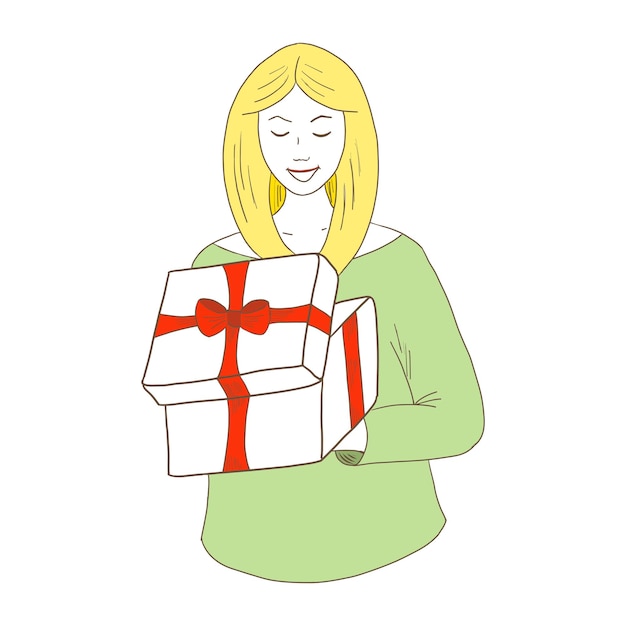 Vecteur fille blonde tient une boîte-cadeau dans ses mains et regarde vers le bas croquis vectoriel dessiné à la main