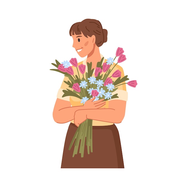 Vecteur une fille avec un bouquet de fleurs une femme avec un buket