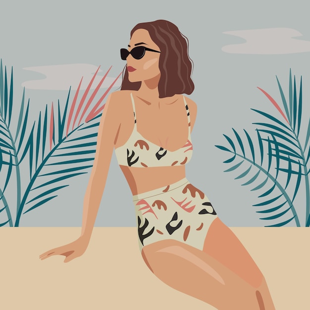 Une fille brune avec des lunettes de soleil se détend sur la plage