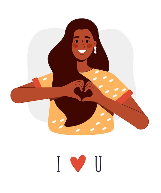 Vecteur une fille brune à la peau foncée montre un cœur avec ses mains comme symbole d'amour. illustration vectorielle