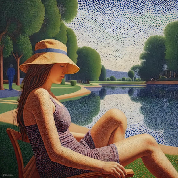 Vecteur une fille avec un chapeau assise sur la pelouse et profitant d'une belle vue d'été une fille avec une chaise de chapeau