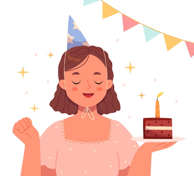 Une fille avec un chapeau de fête souffle une bougie sur un gâteau et fait un vœu