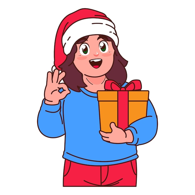 Une fille avec un chapeau de Père Noël tenant une boîte à cadeaux